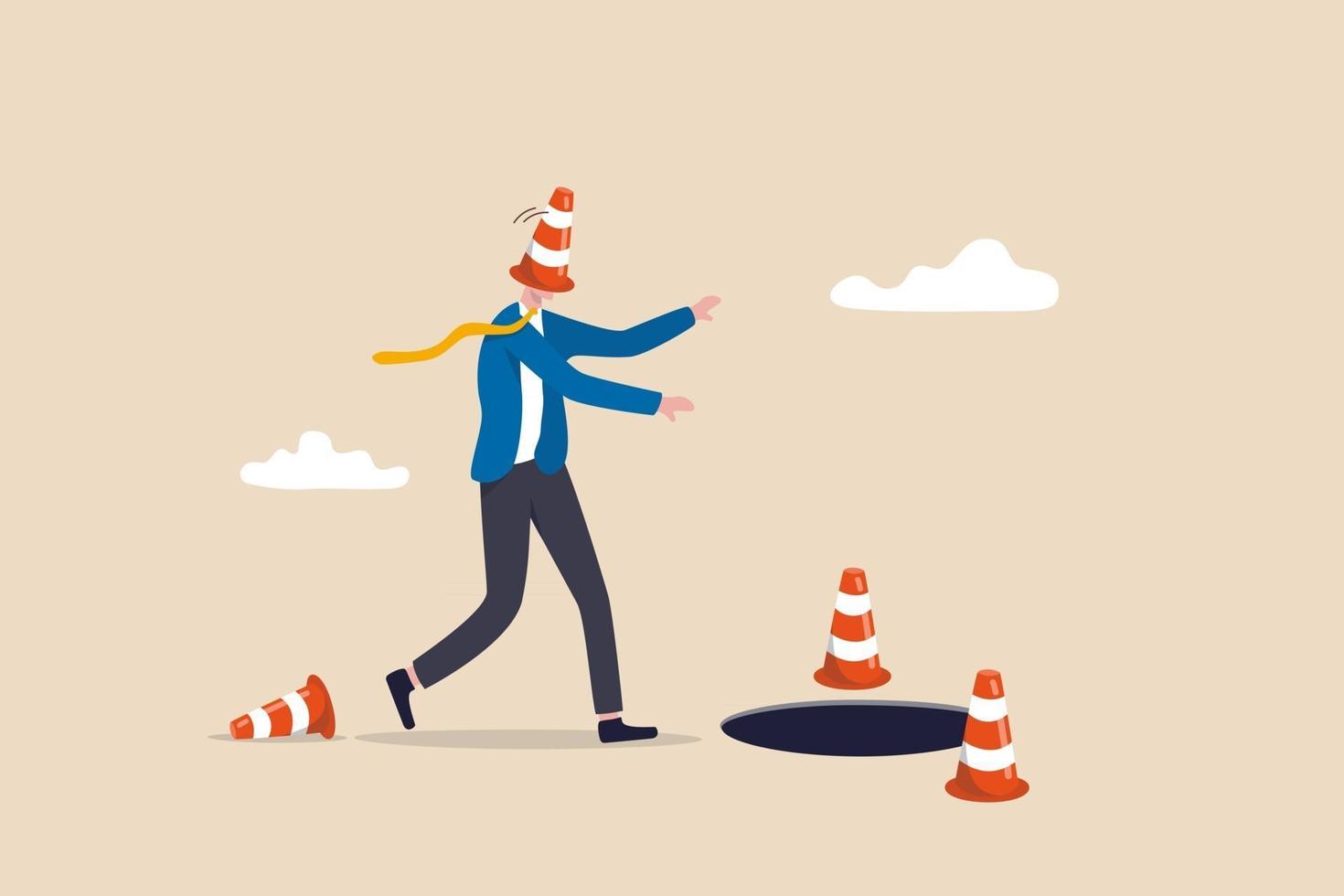 Blind and frustrated business direction, mistake or failure, trap or crisis ahead, risk and uncertainty concept, blindfold businessman cover with pylon walking to fall into the hole or business trap. vector