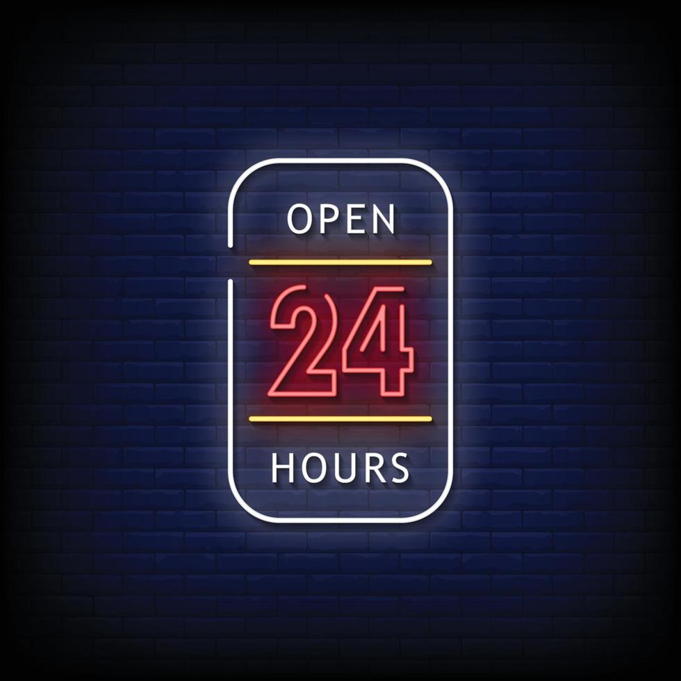 Open 24 Hours Neon Signs Style Text Vector