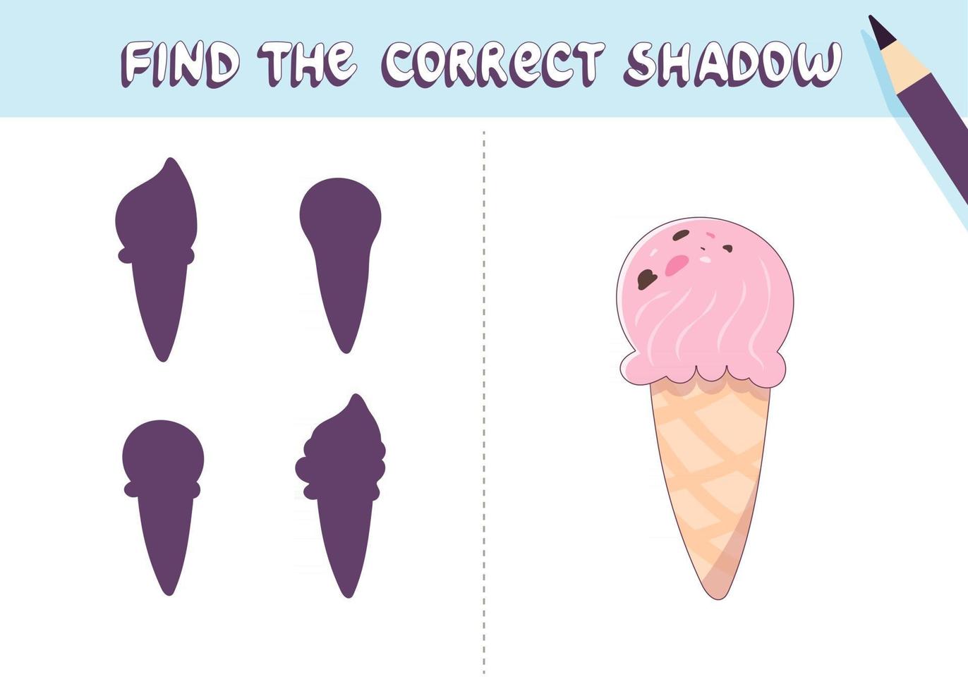 encuentra la sombra correcta. lindo helado. juego educativo para niños. colección de juegos infantiles. ilustración vectorial en estilo de dibujos animados vector