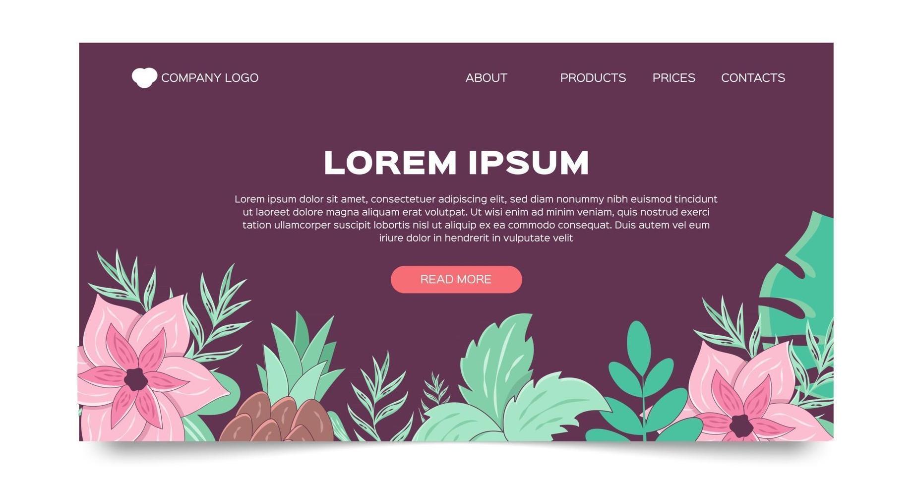 Landing page template with exotic flowers and leaves. Tropical banner design for summer holidays. Vector illustration.