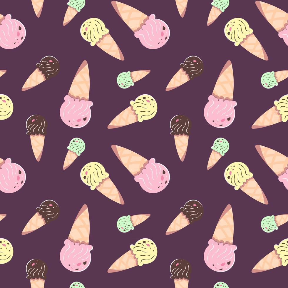 patrón sin fisuras con helados multicolores en conos de galleta. ilustración vectorial sobre un fondo oscuro en un estilo de dibujos animados con un trazo vector