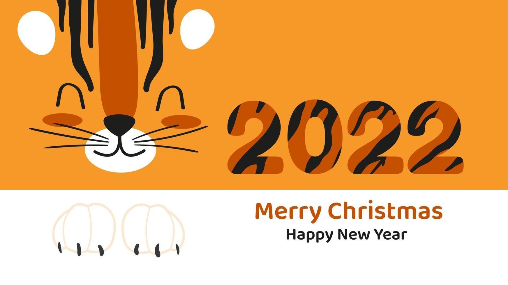 Banner horizontal o tarjeta con cara de tigre de dibujos animados lindo feliz año nuevo y feliz navidad 2022. ilustración vectorial vector