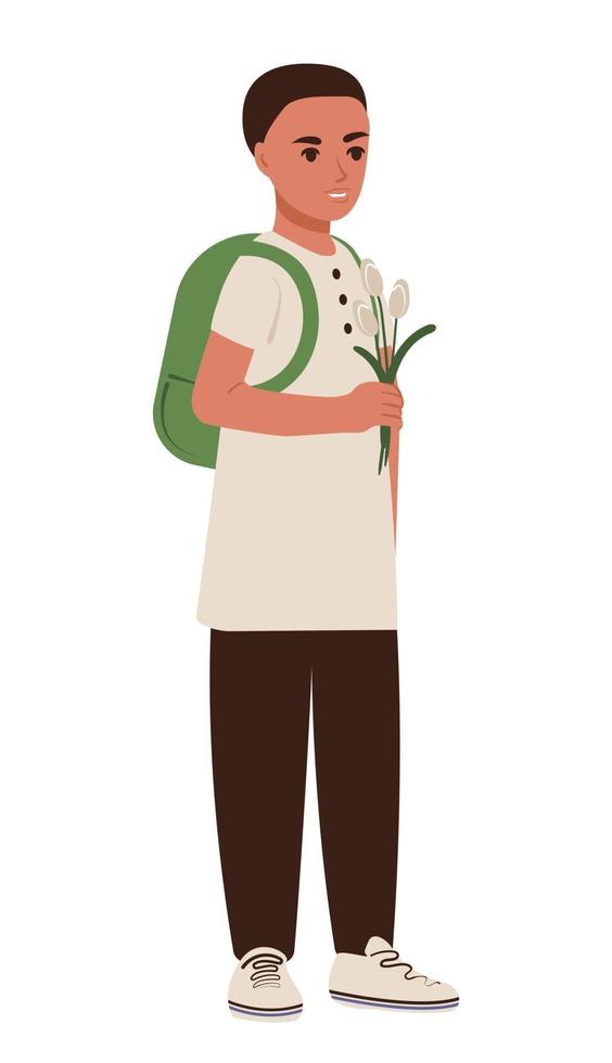 A boy with flowers goes to school on September 1. Education concept. Flat vector isolated illustration