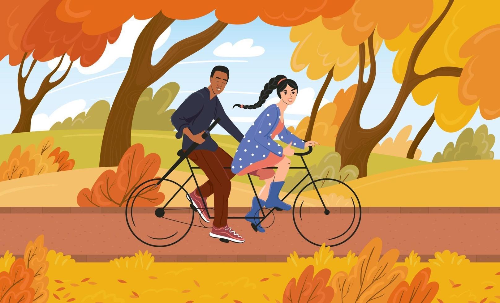 joven mujer blanca y hombre afroamericano andar en bicicleta en un parque en otoño. dibujado a mano ilustración vectorial de dibujos animados vector