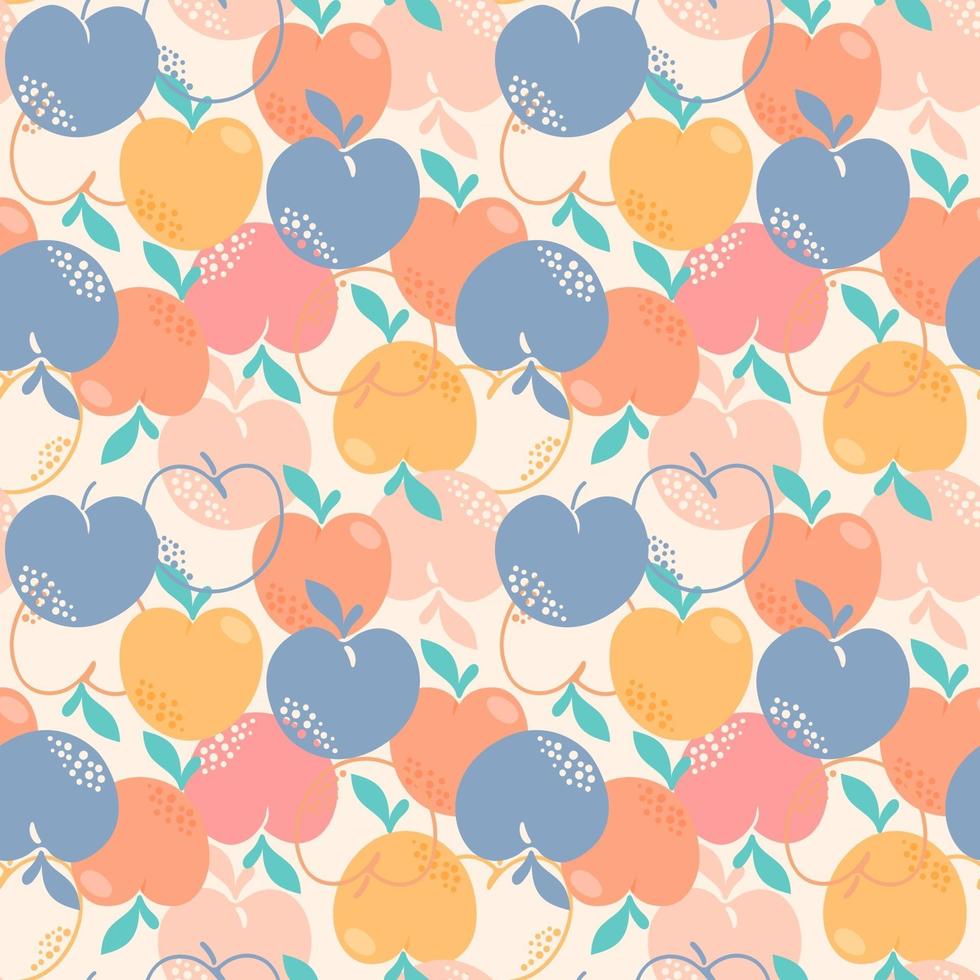 Seamless pattern with peaches or apricots, leaves and flowers. Trendy handdrawn organic flat style. Modern design, vector illustration.