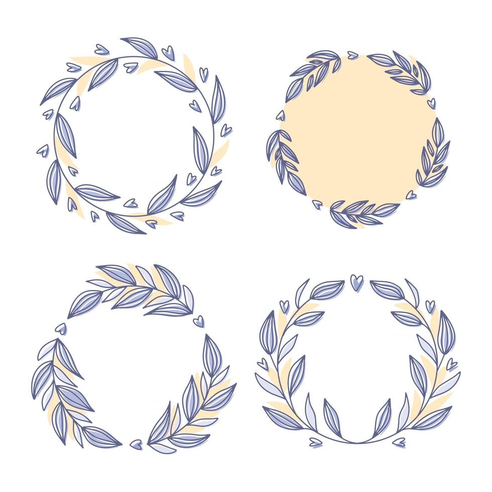 Floral wreath collection, hand drawn vector illustration isolated on white. Decorative round frames with flowers and leaves, ink sketch for wedding event invitations.