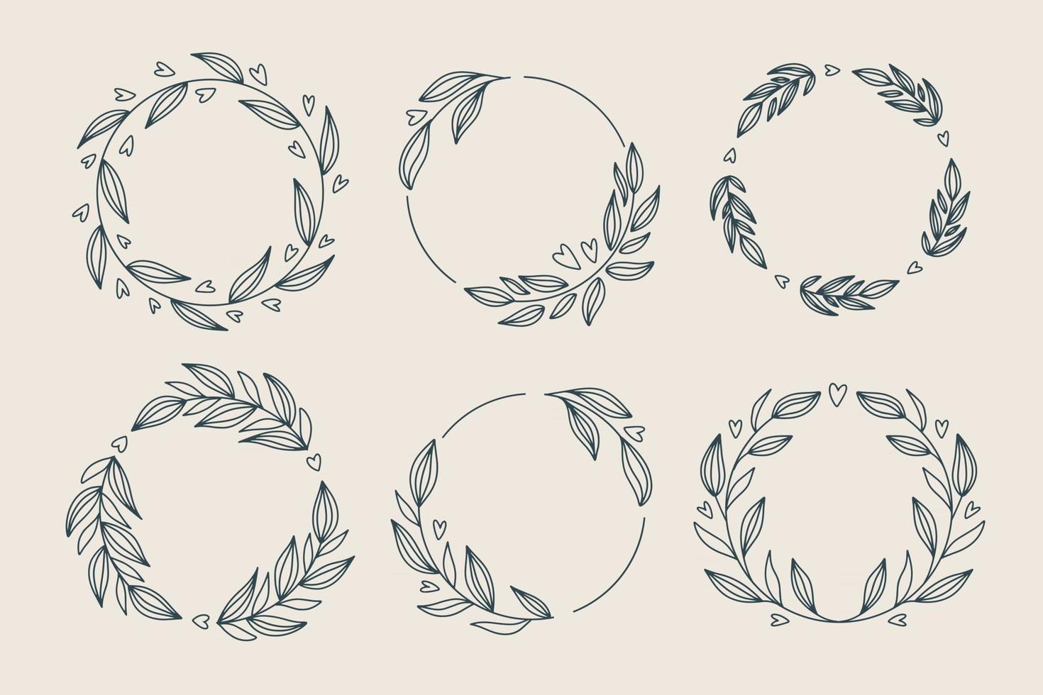 Floral wreath collection, hand drawn vector illustration isolated on white. Decorative round frames with flowers and leaves, ink sketch for wedding event invitations.