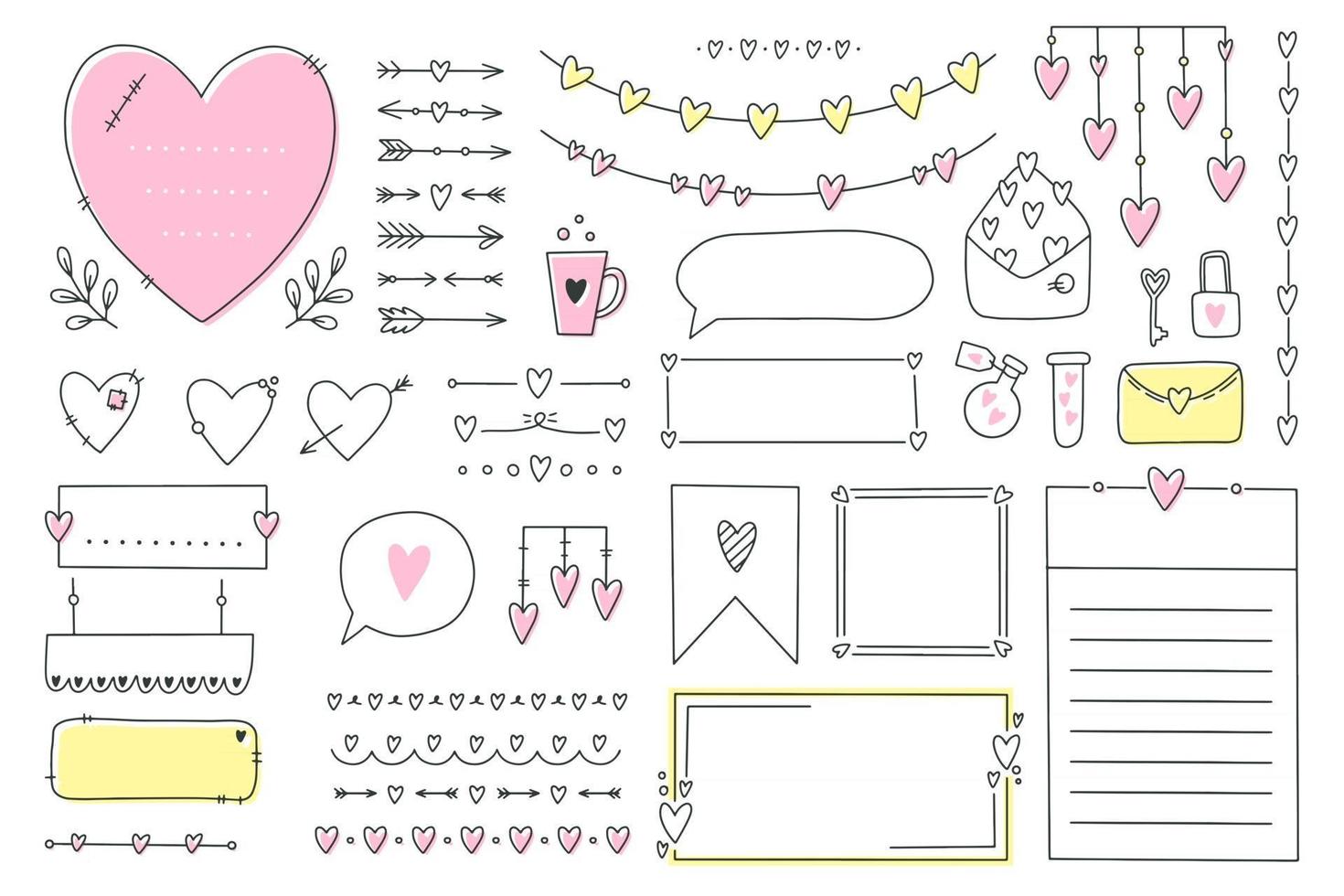 Cute bullet journal element doodles with hearts, love theme.Hand drawn banners and marks for notebook, planner or diary.Frames, borders, vignettes, dividers,notes,lists collection.Vector illustration vector