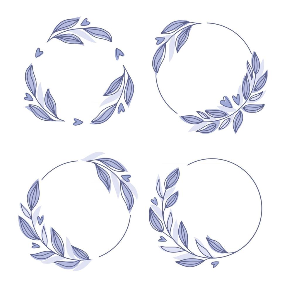 Floral wreath collection, hand drawn vector illustration isolated on white. Decorative round frames with flowers and leaves, ink sketch for wedding event invitations.