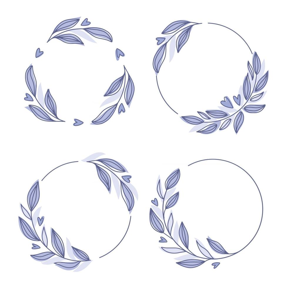 Floral wreath collection, hand drawn vector illustration isolated on white. Decorative round frames with flowers and leaves, ink sketch for wedding event invitations.