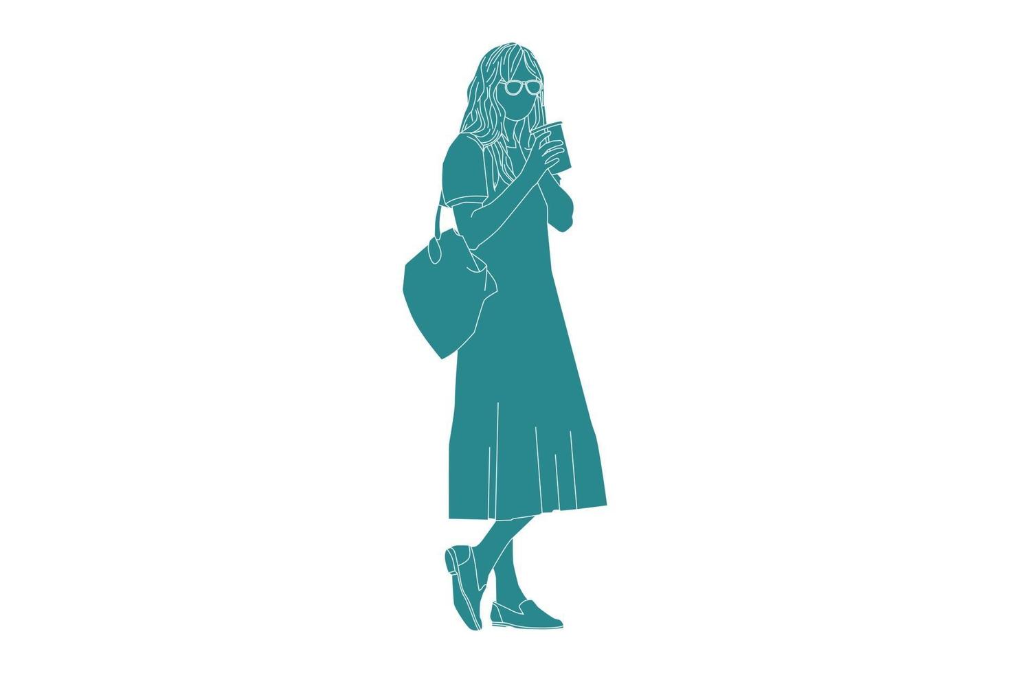 Ilustración vectorial de mujer elegante traer hielo en la calle lateral, estilo plano con contorno vector