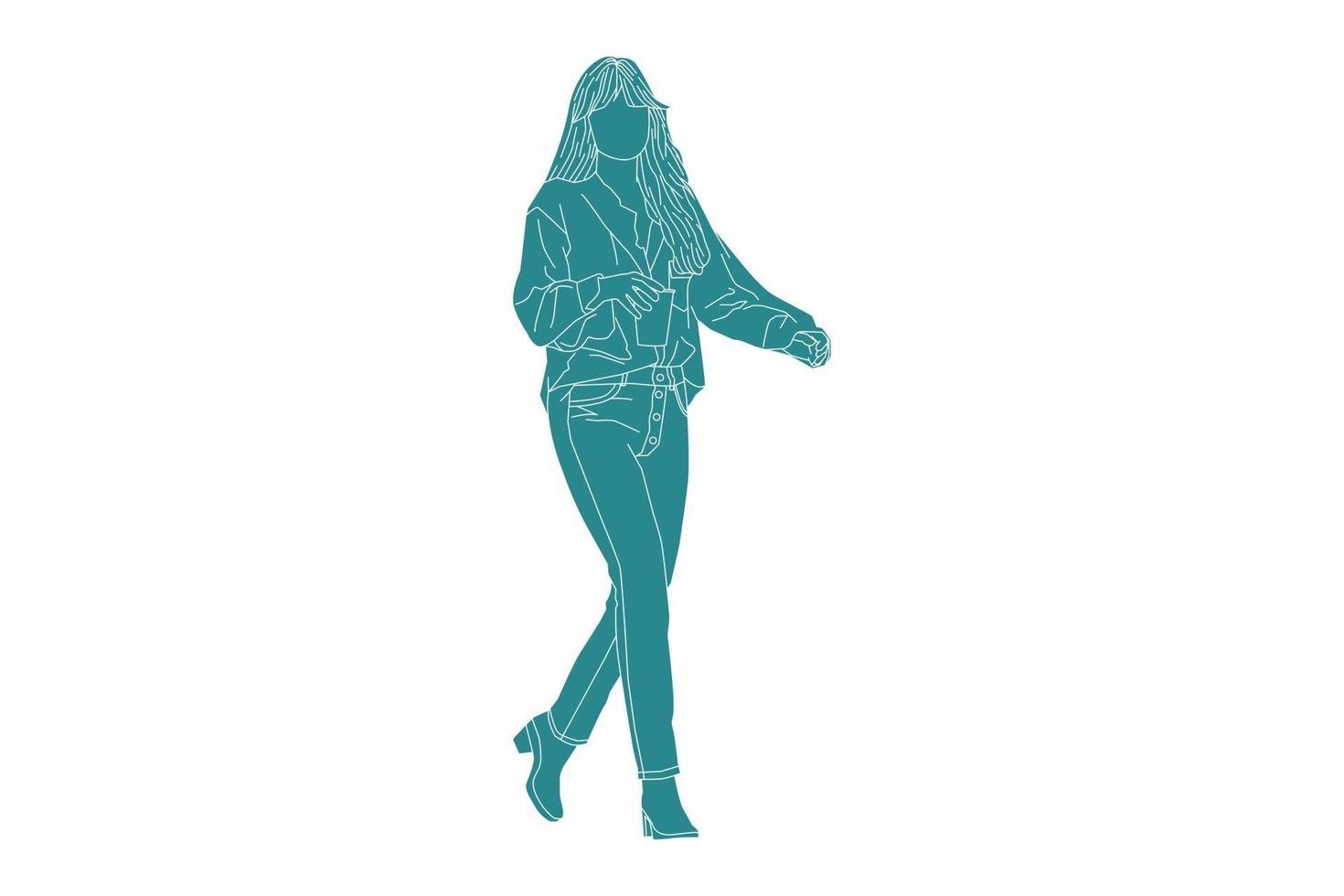 Vector illustration of casual woman walking on the sideroad looks from behind, Flat style with outline