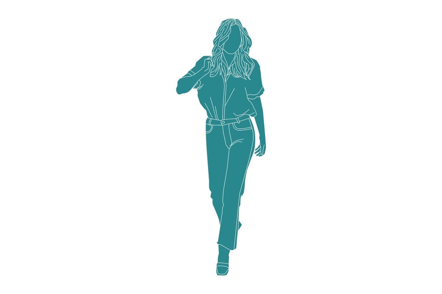 Ilustración vectorial de mujer casual en la calle lateral, estilo plano con contorno vector