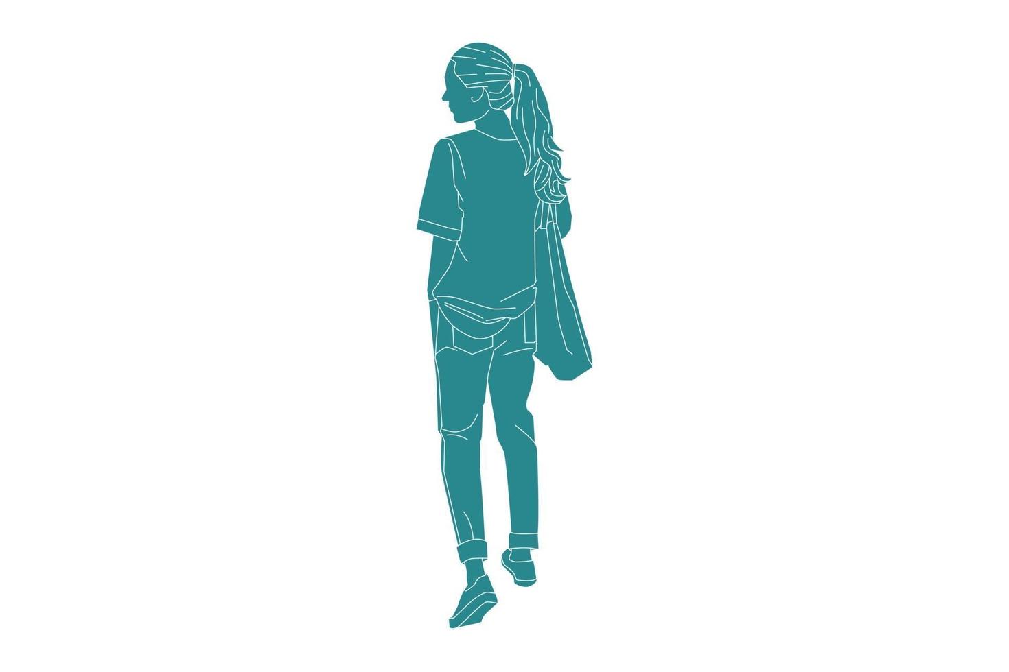 Ilustración vectorial de mujer casual caminando por la acera mira desde atrás, estilo plano con contorno vector