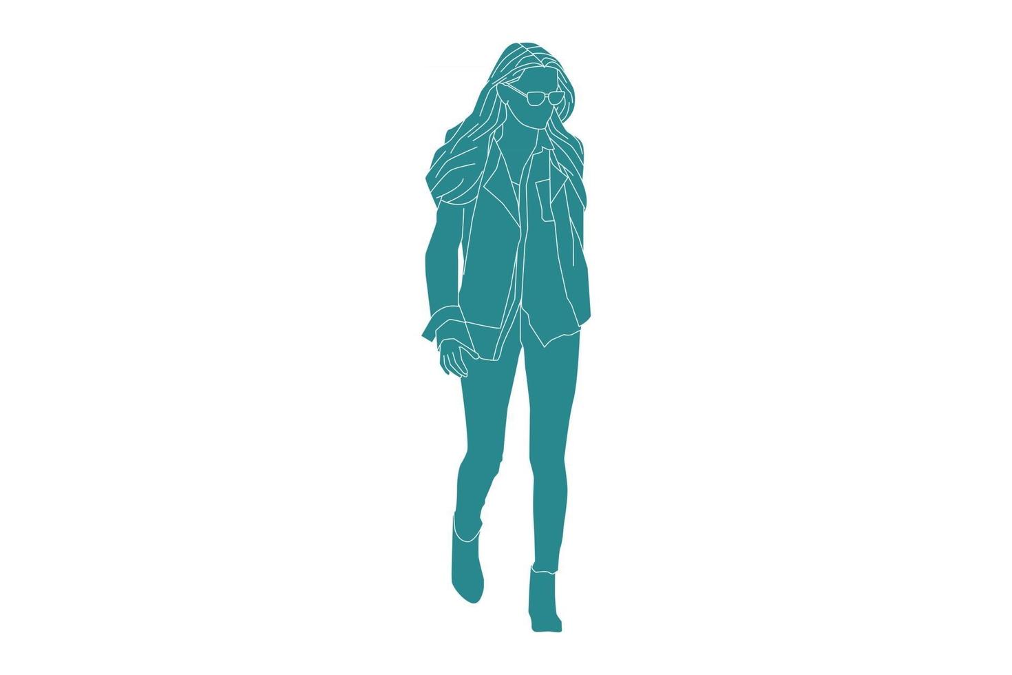 Vector illustration of fashionable woman walking on the sideroad, Flat style with outline