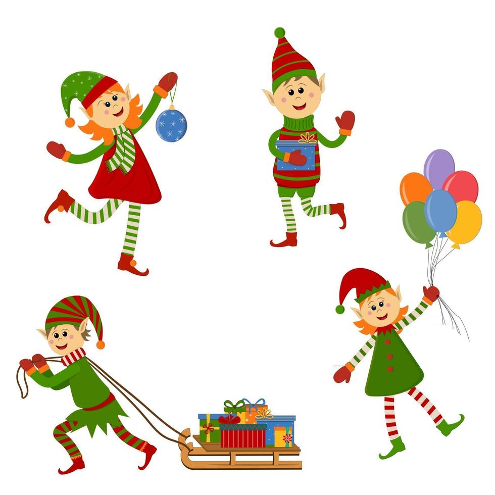 Conjunto de niños y niñas elfos navideños aislado sobre un fondo blanco. vector