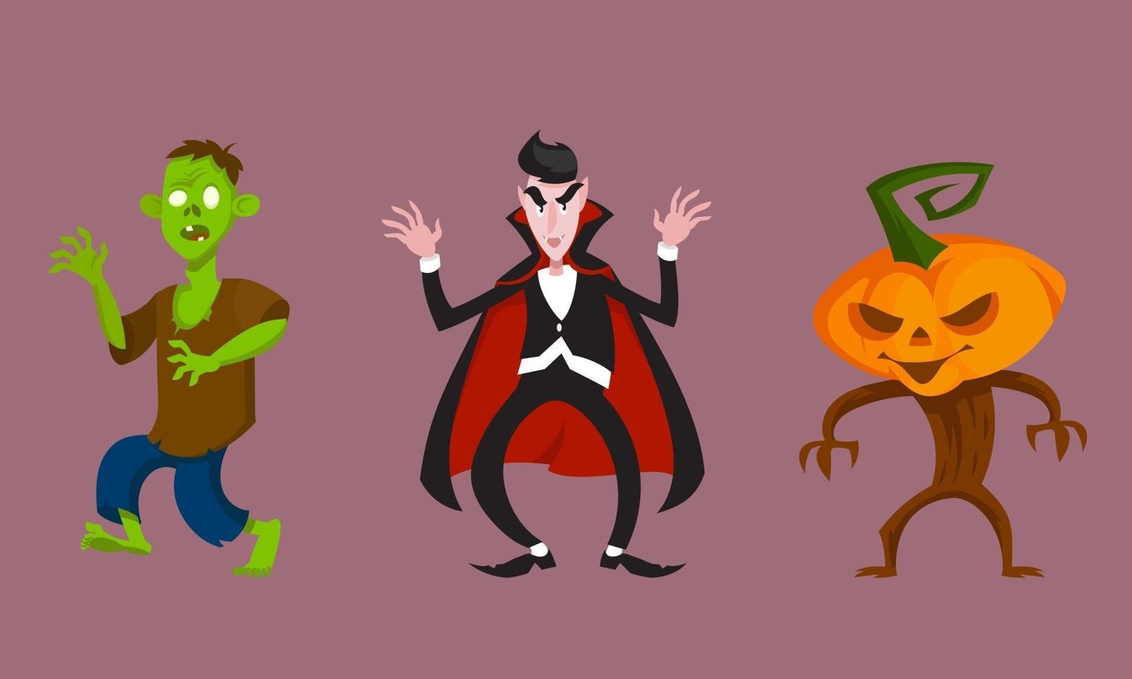 Set of monsters in intimidating poses. Halloween characters in cartoon style. vector