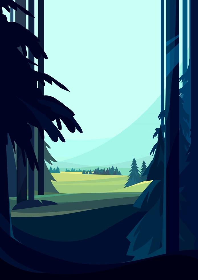Exit from the coniferous forest. Nature landscape in vertical orientation. vector