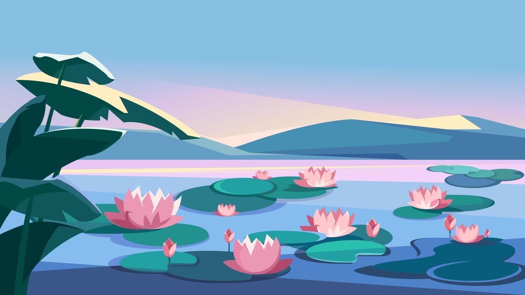 Landscape with lotuses and mountains. vector