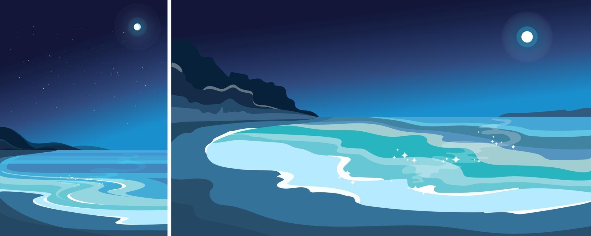 playa a la luz de la luna. Hermoso paisaje marino en orientación vertical y horizontal. vector