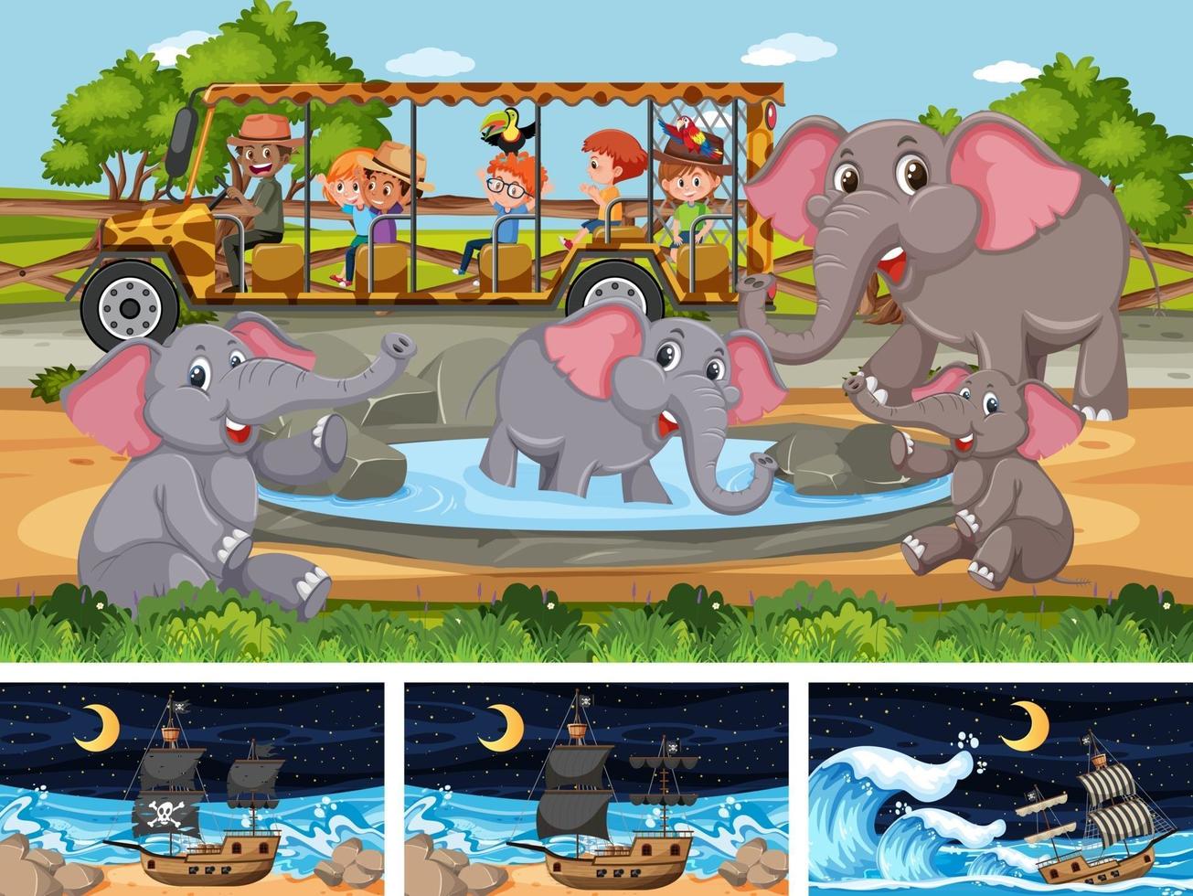 Set of different scenes with pirate ship at the sea and animals in the zoo vector