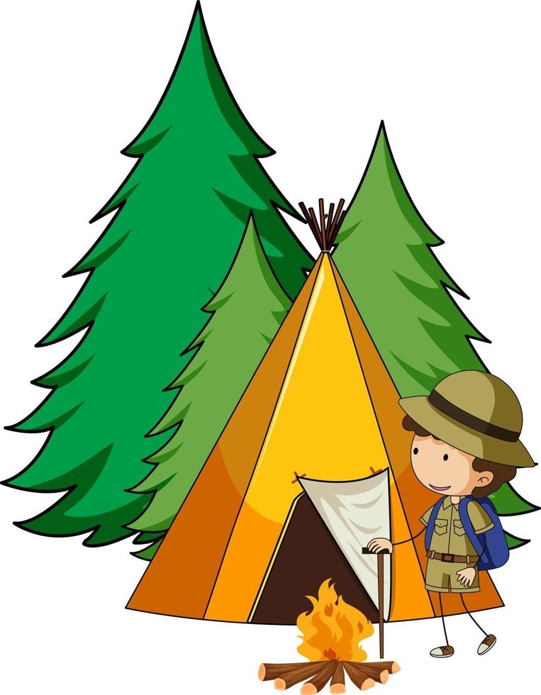 Camping tent with doodle kids cartoon character isolated vector