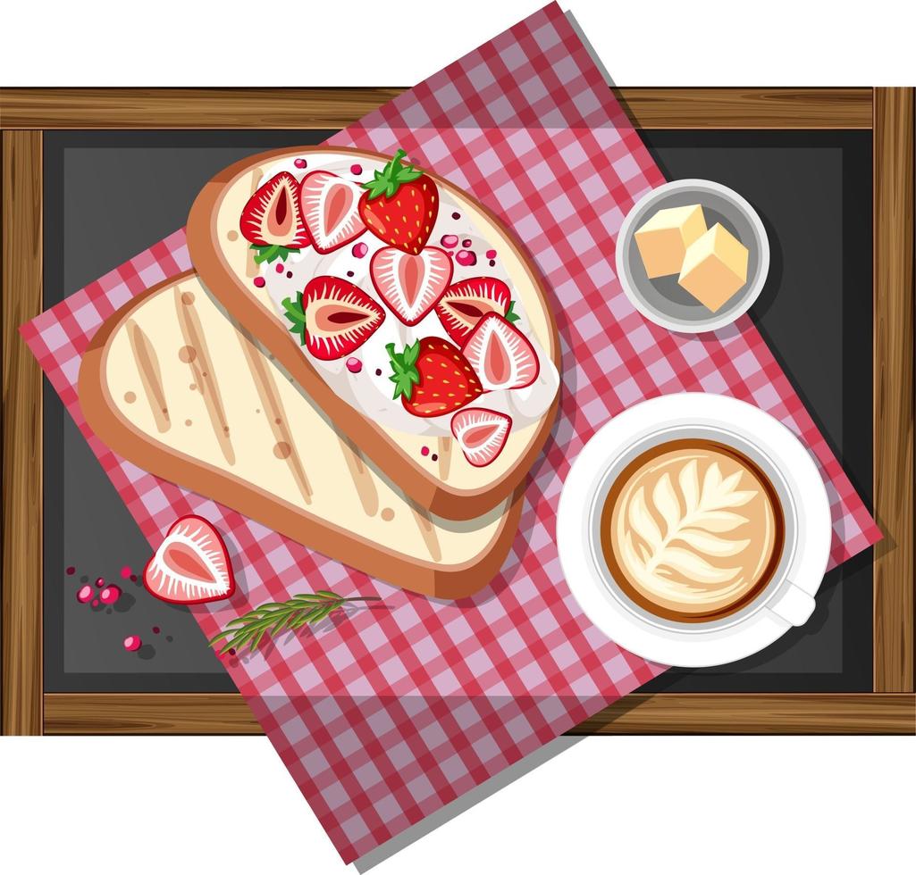 Vista superior de la bruschetta de fresa en bandeja de madera con una taza de café aislado vector