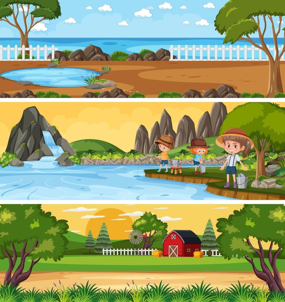 Different nature landscape at daytime scene with cartoon character vector