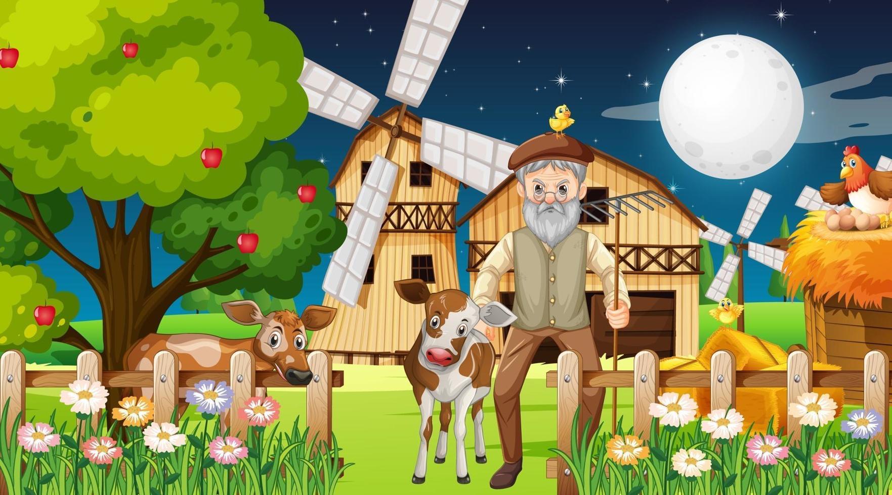 Farm at night scene with old farmer man and farm animals vector