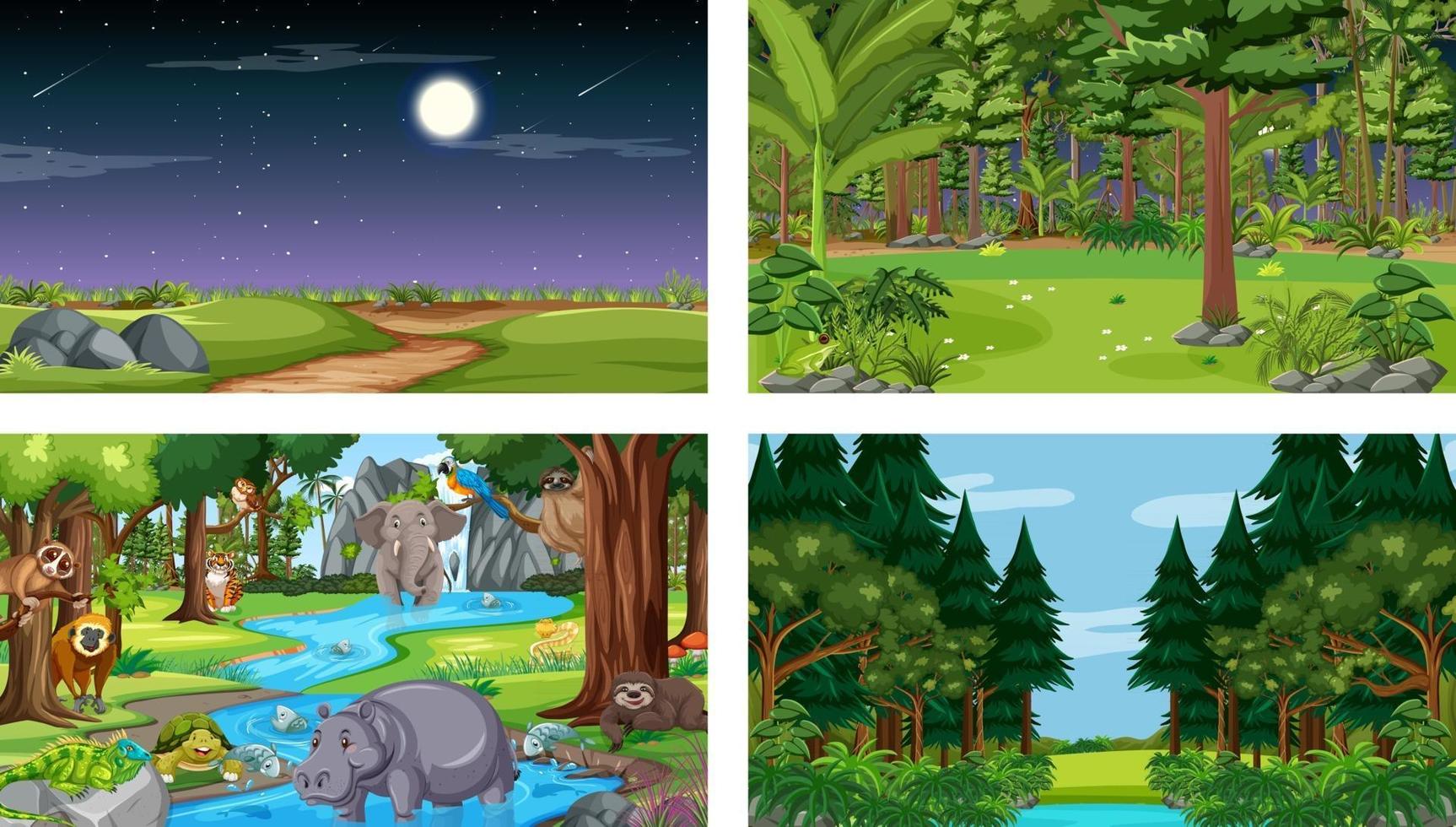 Set of different forest horizontal scene with various wild animals vector