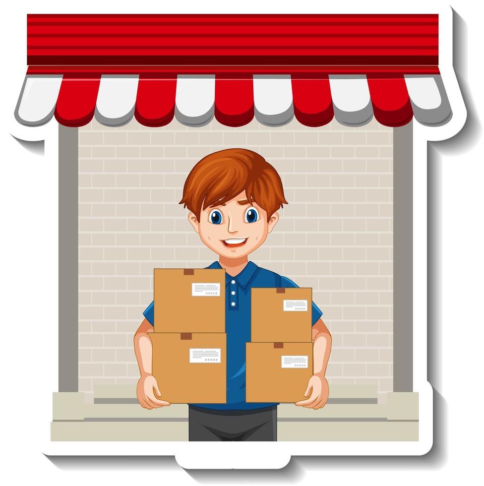 A sticker template with delivery man in uniform holding boxes vector