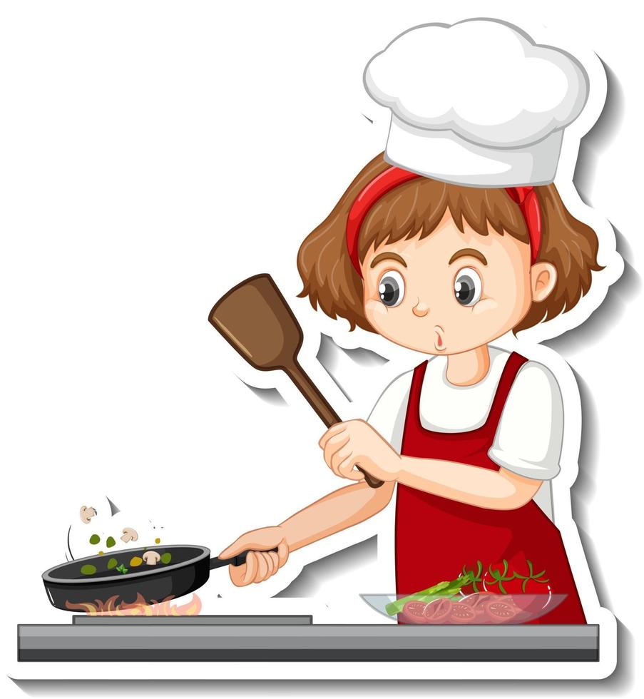 Sticker design with chef girl cooking food cartoon character 2801658 Vector  Art at Vecteezy