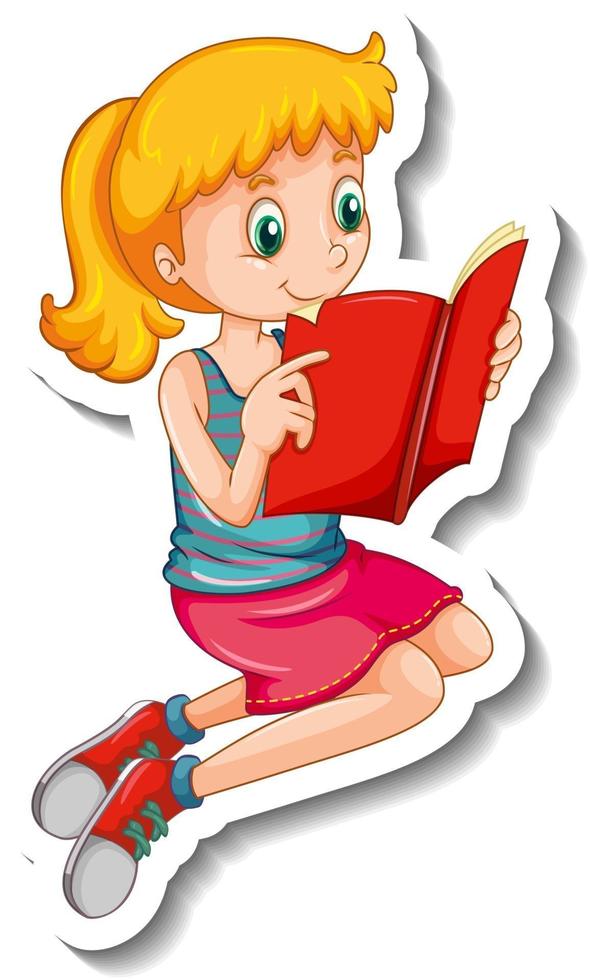 Sticker template with a girl reading a book isolated vector