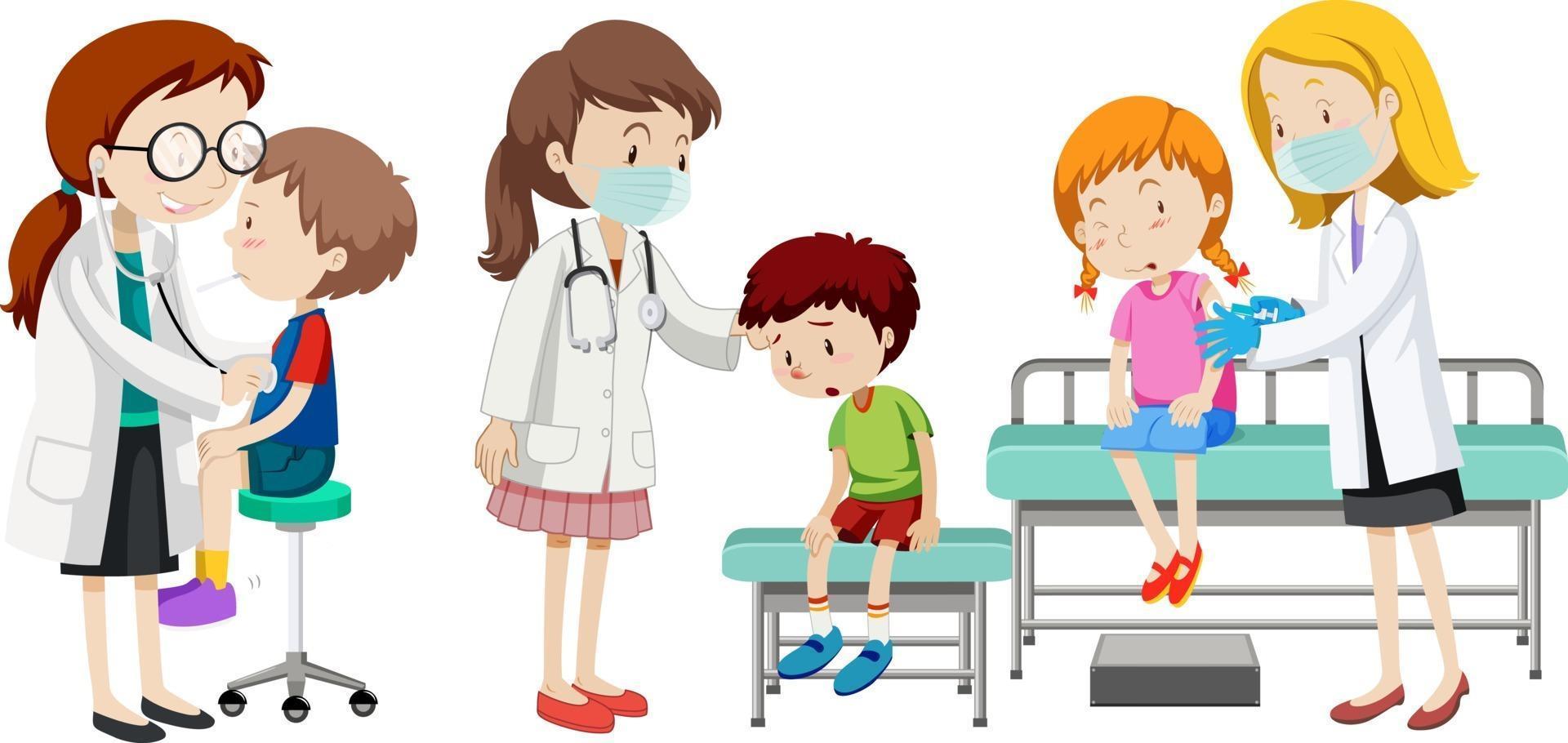 Many patient kids and doctors cartoon character on white background vector