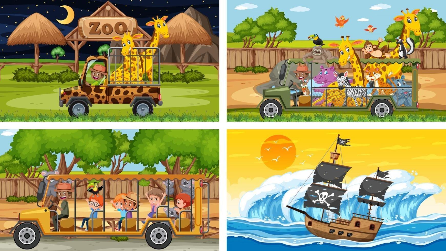 Set of different scenes with pirate ship at the sea and animals in the zoo vector