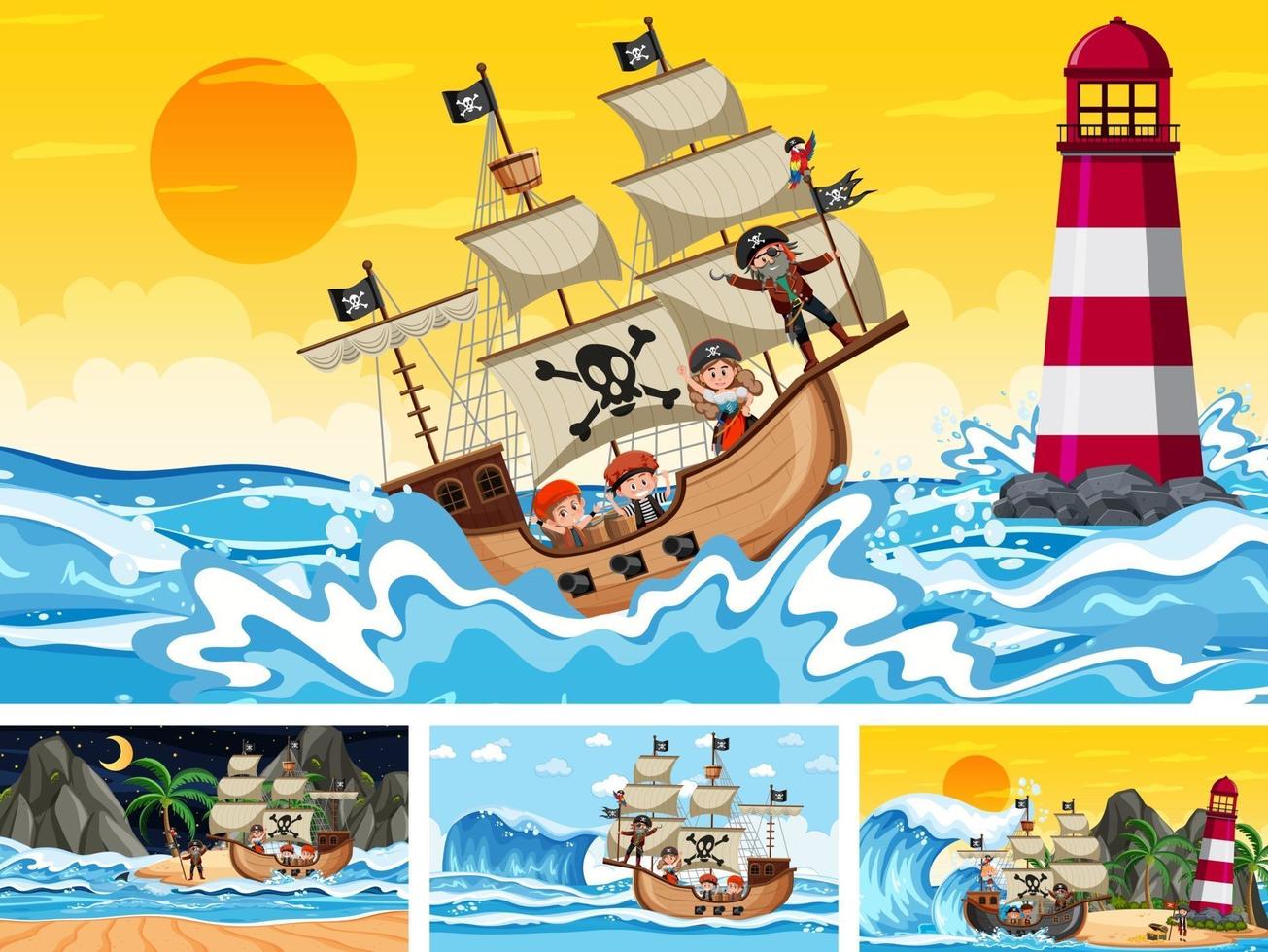 Set of different beach scenes with pirate ship vector