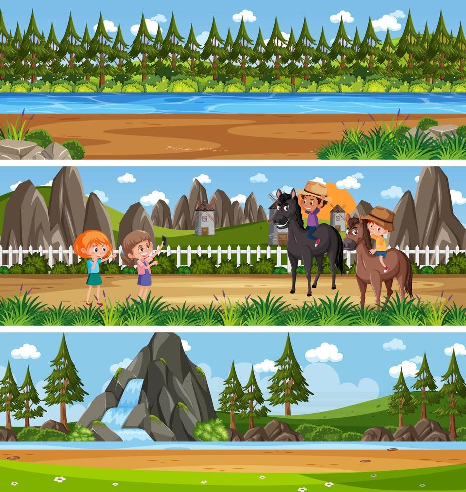 Set of different panoramic nature landscape with cartoon character vector