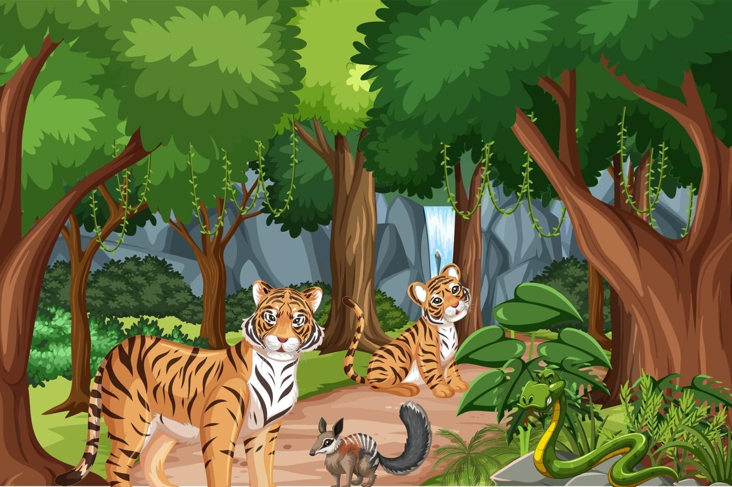 Forest or rainforest scene with tiger family vector