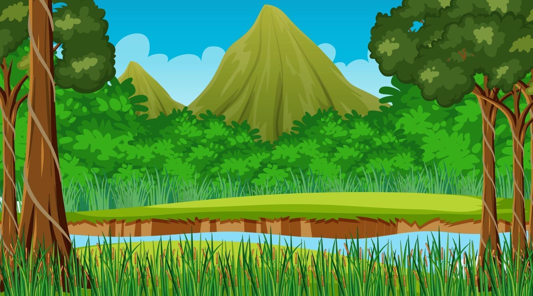 Nature scene with stream flowing through the forest and mountain background vector