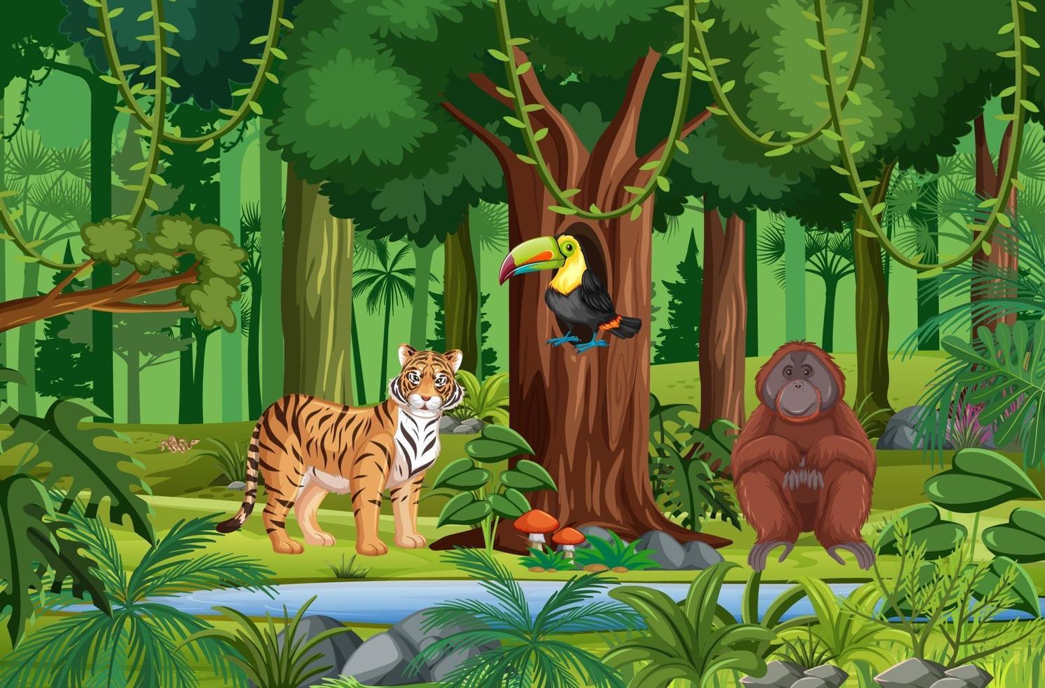 Escena de la selva tropical con varios animales salvajes. 2801722 Vector en  Vecteezy
