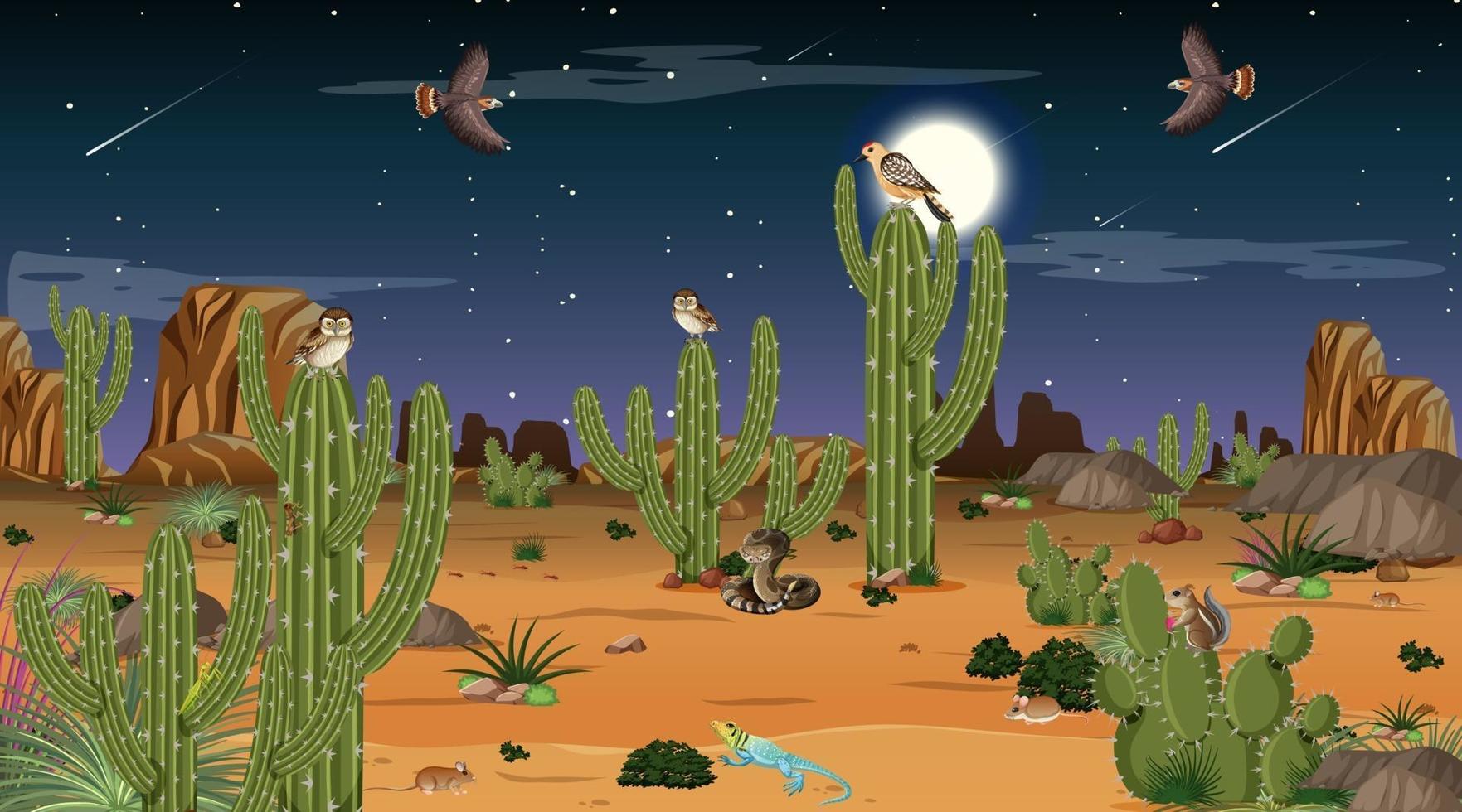 paisaje de bosque desértico en la escena nocturna con animales y plantas del desierto vector