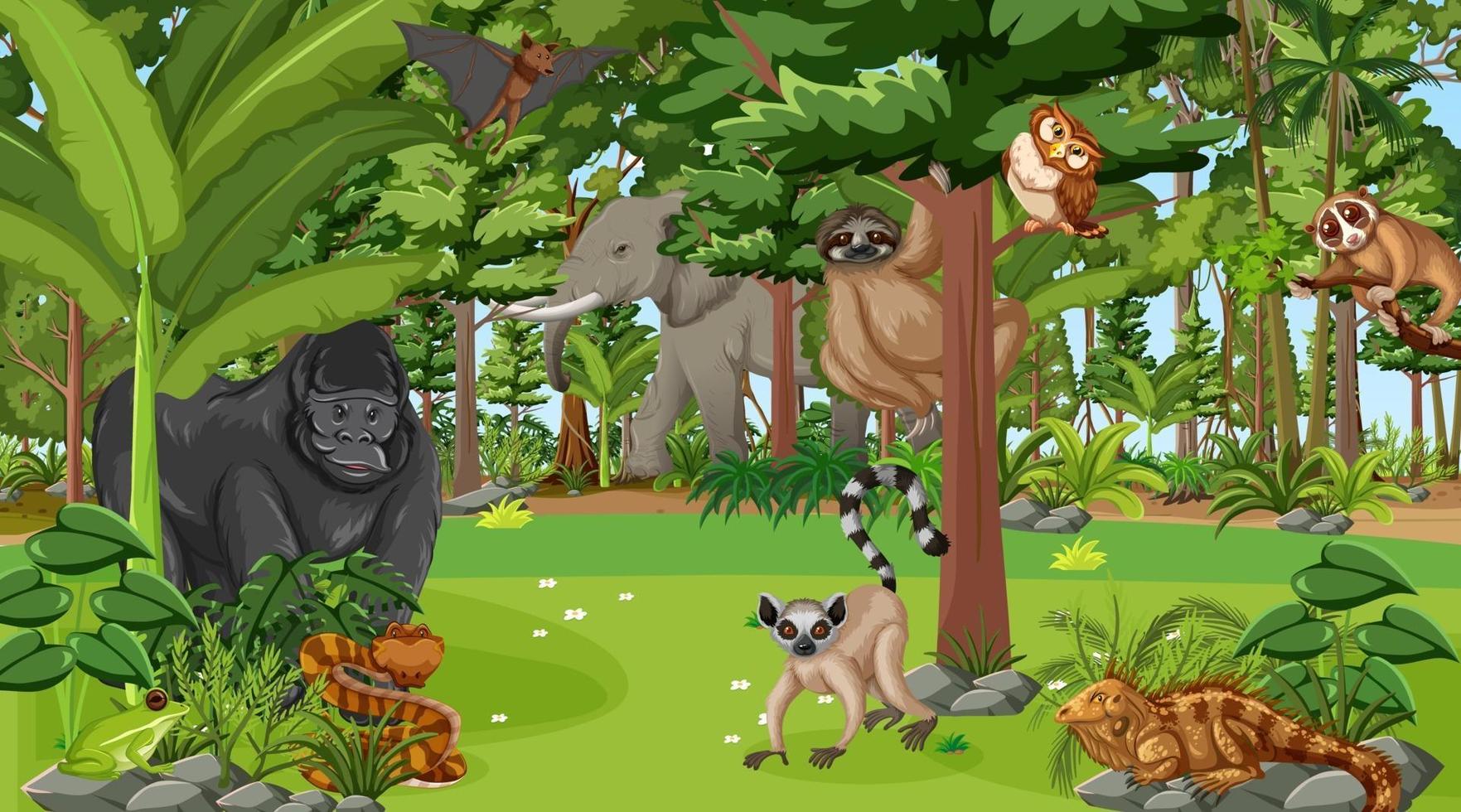 Forest at daytime scene with many different wild animals vector