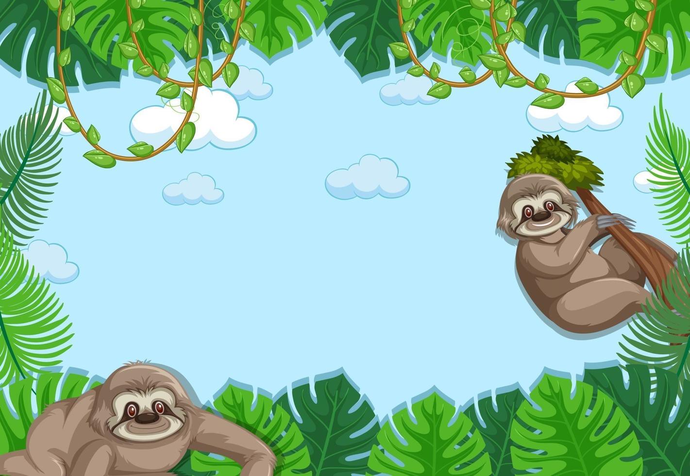Empty banner with tropical leaves frame and sloth cartoon character vector