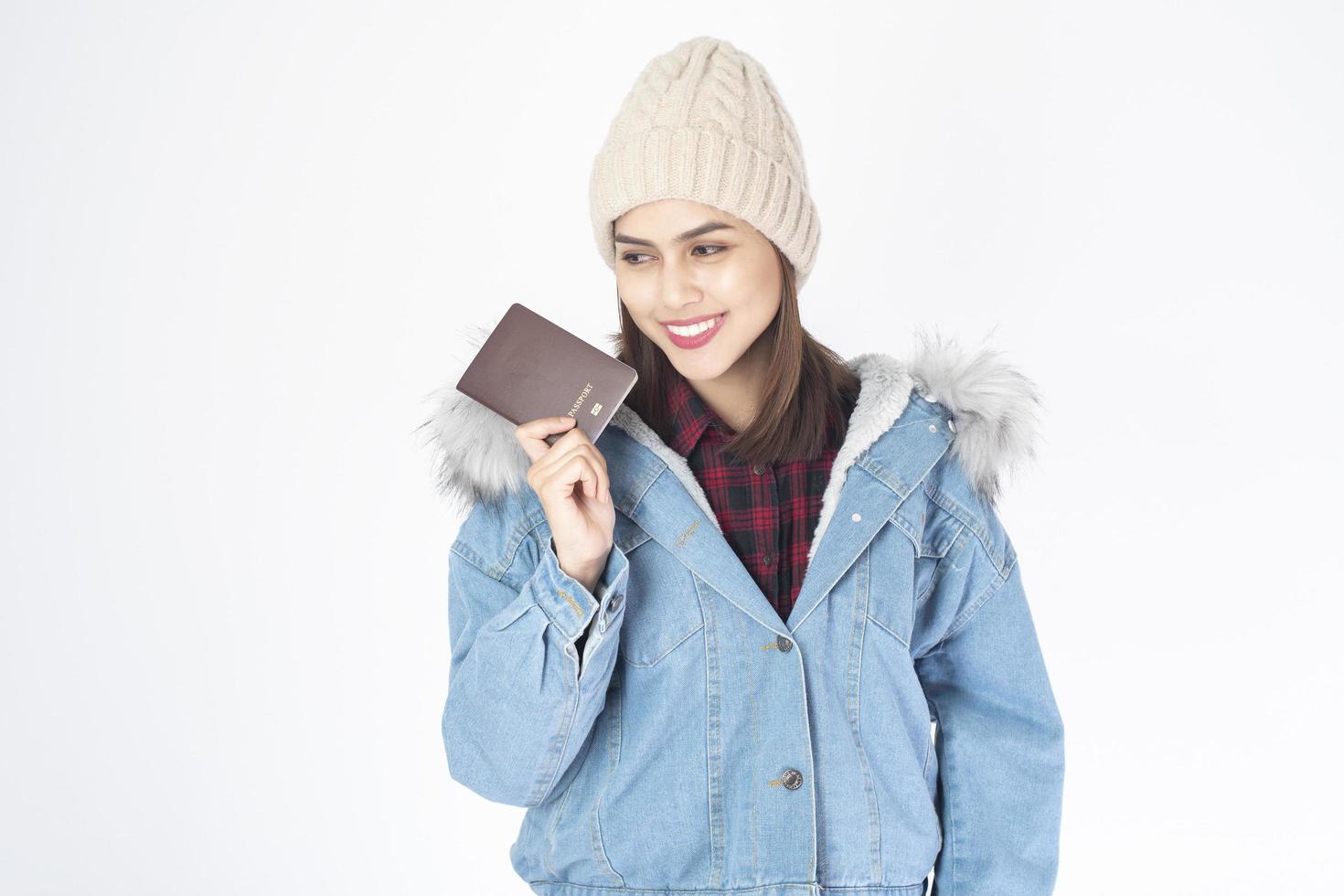 Beautiful traveller woman on white background photo