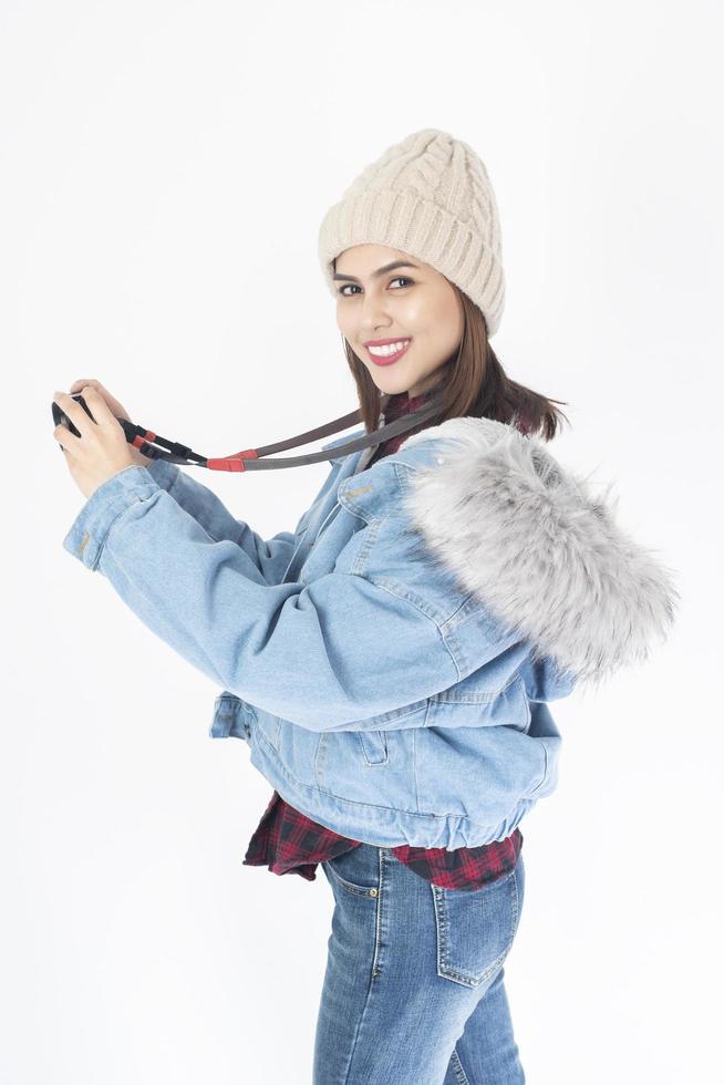 Beautiful traveller woman on white background photo