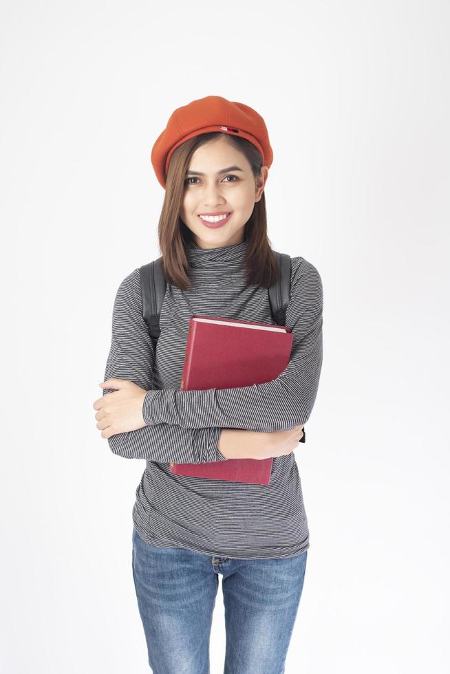 Beautiful university woman on white background photo