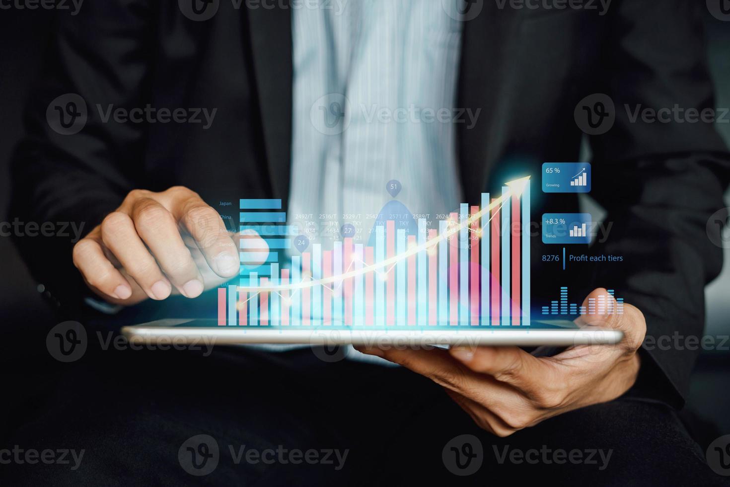 Businessman investment analyzing company financial report balance statement working with digital augmented reality technology. Concept for business, economy and stock marketing. 3D illustration. photo