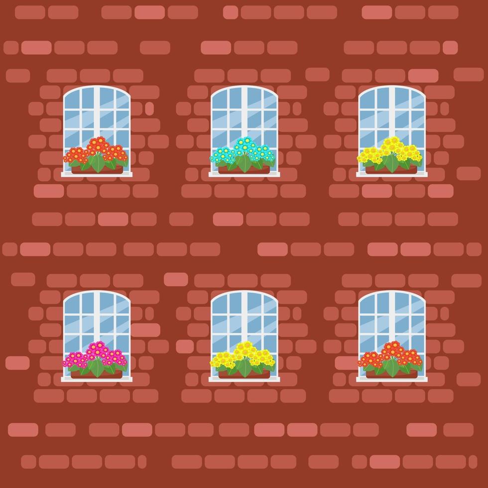 Fachada de una casa de ladrillos debajo del bordado, gran ventana blanca con flores en macetas, ilustración vectorial en estilo plano vector