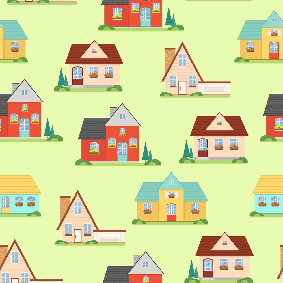 Seamless pattern with houses, sweet home, vector illustration in flat style