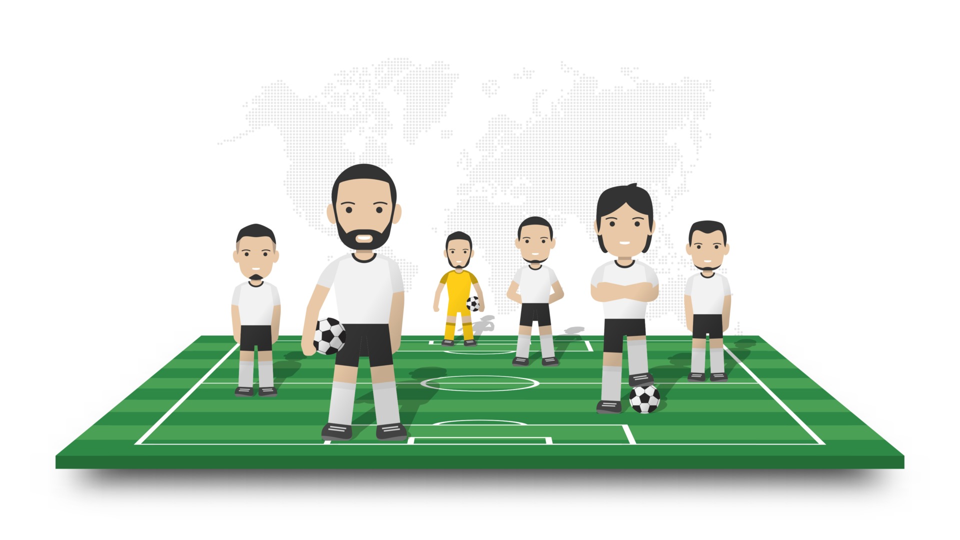 Soccer players team stand on perspective football field . Dotted world map  on white isolated background . Sportsman cartoon character . 3D Vector  design . 2802275 Vector Art at Vecteezy